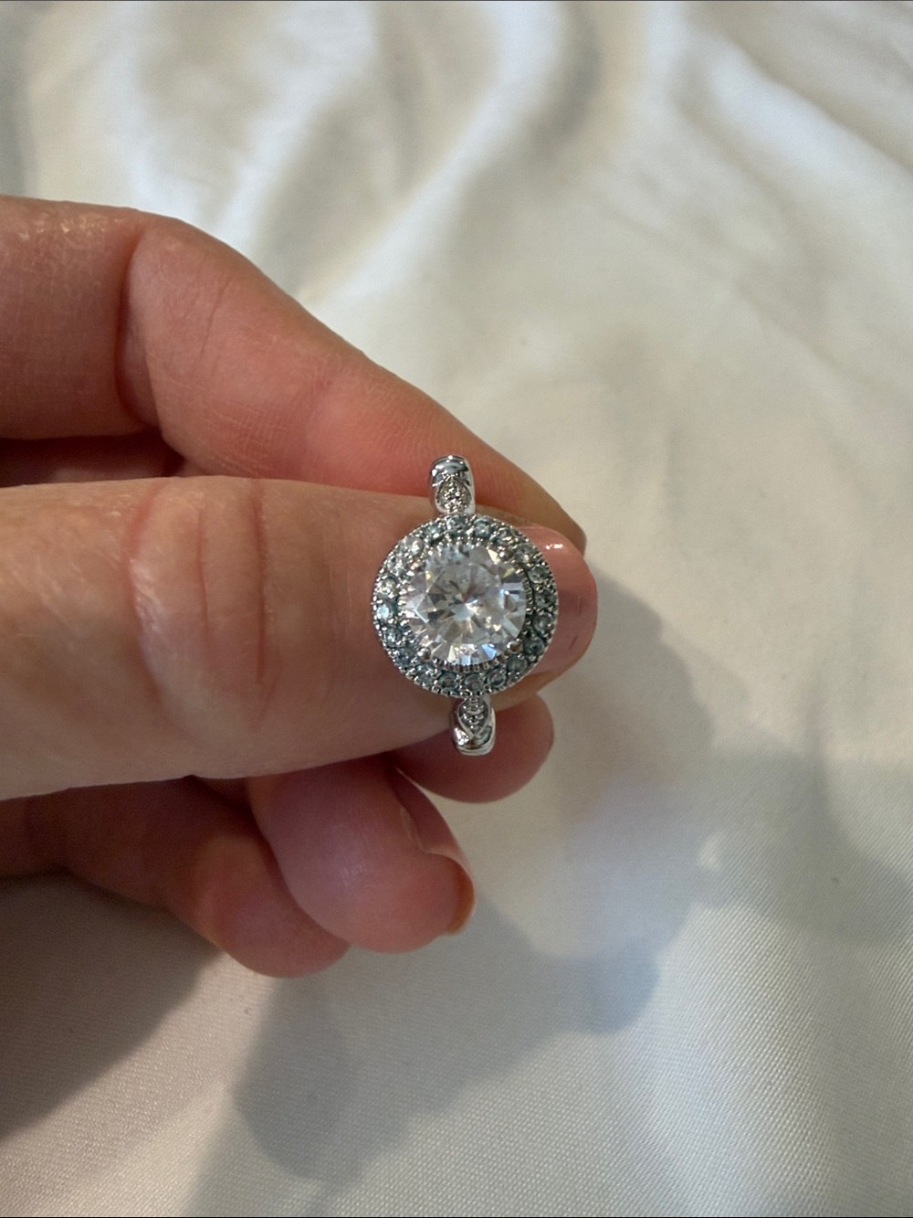 Silver-Tone Halo Round CZ Pendant Necklace - White Sz 7